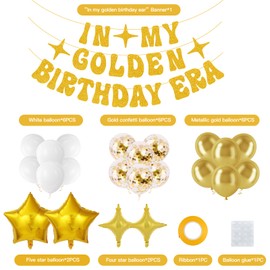 Golden Birthday Party Decorations Includes In My Golden Birthday Era Banner,12-inch latex Balloons,Gold Star Foil Balloons,Gold Birthday Decorations