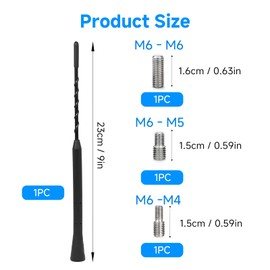 Universal Car Antenna Replacement, AM/FM/DAB Roof Radio Aerial Mast, 23cm/9" Short Rod with M4/M5/M6 Adapters for Cars, Trucks, SUVs, MPVs, Campervans