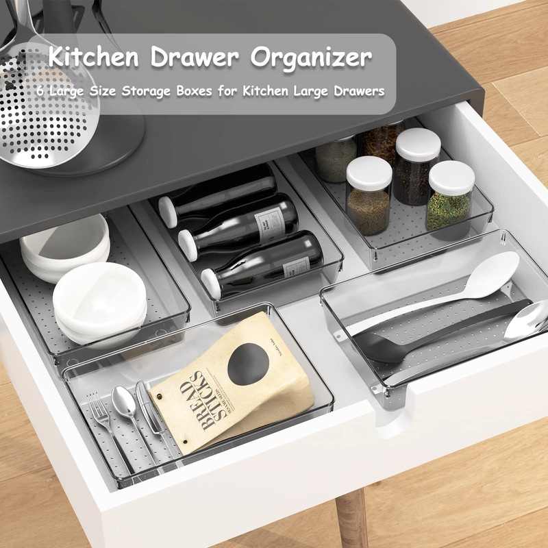 Kriovoa Desk Drawer Organiser, 6 Pack Large Kitchen Acrylic Drawer