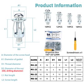 UVVRUR Pack of 54 Cavity Dowels Metal Set Cavity Dowels M4-M8 Petal Nut Screws for Aluminium Cladding, Sheet Steel Tube, Iron Sheet, Hollow Plastic Panels, Thin Walls, Wall