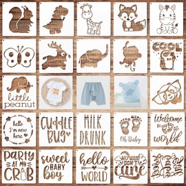 Varku 22 PCS Baby Shower Stencils PET for Onesie, Infant One-Piece Deorative Kit Lovely Cartoon, Boy Girl Baby Shirt Fabric Stencils for Clothes, Phrases Mixed Animal Patterns Templates