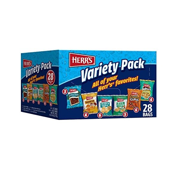 Herr’s Snacks Variety Pack, Potato Chips, Pretzels, Popcorn, Cheese Curls, 26oz Box (28 Bags)