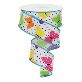 Butterflies with Dots Wired Edge Ribbon, 10 Yards (1.5 Inch, White, Bright Multi)
