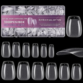JUSTOTRY 1008 Pieces Gel Coffin Nail Tips, Short, Pre-Shaped, Half Matt Nail Tips Set, Full Cover Nail Tips, Coffin Clear for Women, Acrylic Ballerina Artificial Nails, Soft Gel Tips Nails for Nails