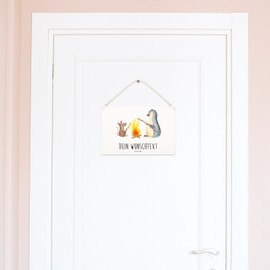 Mr. & Mrs. Panda Personalisiertes Deko Schild Pinguin Lagerfeuer DIN A6 - Personalisierte Geschenke, Maus, Wanddeko, Holzschild, Pinguine, Türschild,