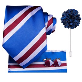Hi-Tie Mens Tie Set Woven Silk Ties for Men Handkerchief Cufflinks Lapel Pin Set 4PC Formal Wedding Business Neckties, Blue Red White Stripe