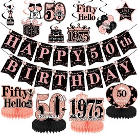 Yoyuspy 50th Birthday Decorations for Women Her, 1975 50th Rose Gold Party Decor, 15PCS Retro 50 Years Old Happy Birthday Banners Hanging Swirls and Honeycomb Centerpieces Supplies