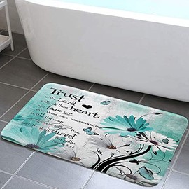 Rustic Farmhouse Farm Teal Daisy Bible Verse Inspirational Motivational Quote Bath Rugs for Bathroom, Country Turquoise Blue Non Slip Flannel Bathroom Rug, Dry Fast Water Absorbent Bath Mats,17x29