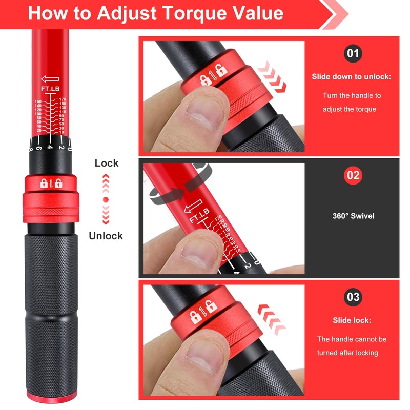 ATsafepro 1/2-Inch Drive Click Torque Wrench,10-170FT.LB/13.6-230.5N/M & Dual-Direction, 72-Tooth Dual