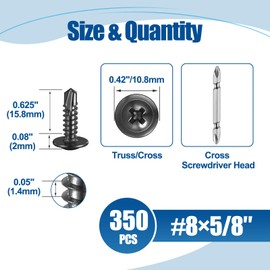 ANCHOREASE #8×5/8″ Sheet Metal Screws 350Pcs, 410 Stainless Steel Self Drilling Screws, Black Truss Head Screws