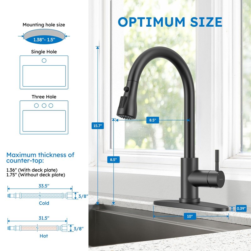 Arofa Matte Black Kitchen Faucet, Kitchen Sink Faucet with Pull