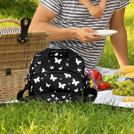 Lunch Bag for Women Adult Black Butterfly Insulated Lunch Box with Adjustable Shoulder Strap,Waterproof Portable Cooler Tote Bags for Work Picnic Beach Travel Office (Black Butterfly)