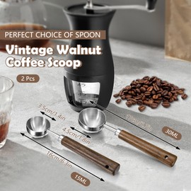 Modixun 2Pcs Coffee Scoop for Ground Coffee - 1 Tbsp (15ml) & 2 Tbsp (30ml) Tablespoon Scoop, 304 Stainless Steel Coffee Measuring Spoon with Long Walnut Wood Handle, Silver