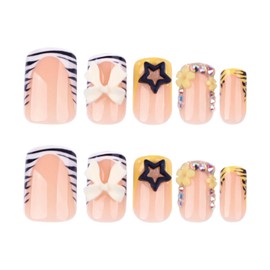 24Pcs Zebra Press on Nails, Rhinestone Square Fake Nails, Glossy Yellow Short French Tip False Nails, Star Zebra Stripe Glue on Nail, Acrylic Nails Full Cover French Stick on Nail for Women