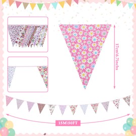 15M/50Ft Triangle Bunting Banner, 45 Pcs Pink Cotton Fabric Flags