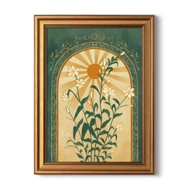 HUARCEY Gold Framed Canvas Wall Art, Sun Botanical Picture Decor, Living Room Bedroom Emerald Green Boho Art, Rustic Vintage Moody Mystical Folk Art Canvas Paintings, 12x16inch