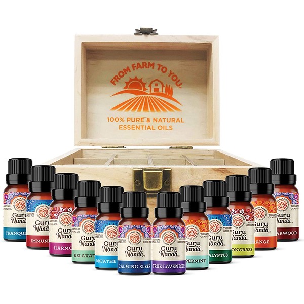 Guru Nanda (Set of 12) Essential Oil with Wooden Storage Box - Camling and Relaxing Aromatherapy Oils (6 Blends + 6 Singles) Gift Set for Skin Care, Headache and Stress