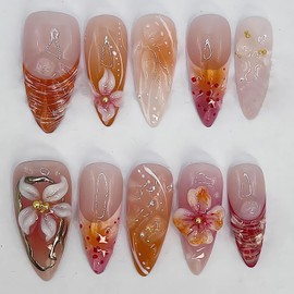 Almond Flower Press on Nails Short Orange Fake Nails with Floral Design Cute Spring False Nails French Tip Nails 3d Gel Acrylic Nails Oval Glue on Nails Glossy Stick on Nails for Women Girls 24Pcs