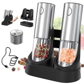 CIRCLE JOY 2-Speed Electric Salt and Pepper Grinder Set Rechargeable Stainless Steel Pepper Mills with Charging Base, LED Light and External Adjustable Coarseness for Hygienic Easy Use