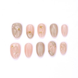 Handmade Press on Nails Short Length Thick Acrylic Nails Glitter False Nails with Steel Ball & Pearl Designs Almond Shaped Fake Nails French Full Cover Stick on Nail for Women (Size M）