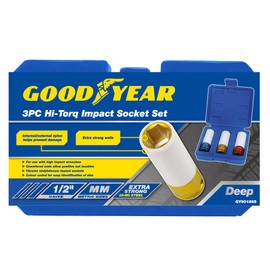 Goodyear 3 Pack Thin Wall Deep Impact Nut Socket Alloy Wheel 1/2" Drive 17mm 19mm 21mm Kit Nylon Scratch Protection for Alloys Nuts and Bolts