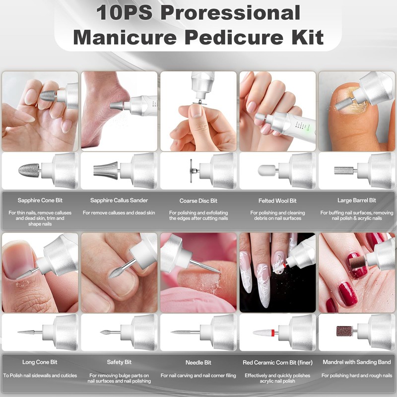 Electric Nail File Drill, Cordless 2000 mAh Rechargeable Nail Filer