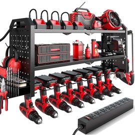 Power Tool Organizer with Charging Station Wall Mount, Built in 8 Outlet Surge Protection Power Strip, Drill Holder Wall Mount, Heavy Duty Metal Power Tool Storage Rack for Garage Organization Black