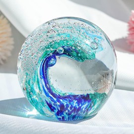 FZBHRO Decorative Crystal Ball Figurines Ocean Waves Paperweight Blown Glass Decor Sea Art Ocean Lovers Gift Blue Green 3.15"