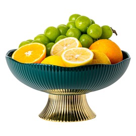 CCATSIX Ceramic Fruit Bowl,10” Pedestal Bowl, Decorated Fruit Tray for Kitchen Counter and Dining Table, Footed Bowls for Afternoon Tea Parties, Bread and Salad Bowl with Golden Feet. (green)