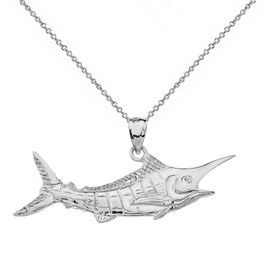 Sideways Crosses Polished 925 Sterling Silver Billfish Black Marlin Pendant Necklace, 20"