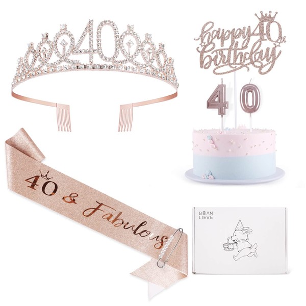BEAN LIEVE Decoraciones de cumpleaños número 40, incluye banda de 40 cumpleaños, corona de diamantes de 40 cumpleaños, velas de cumpleaños y decoraciones para tartas, regalo de doncella de oro rosa para 40 cumpleaños