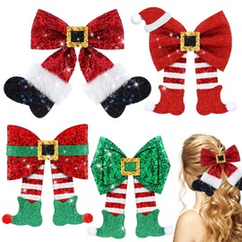 Yuxung 4 Pack Christmas Hair Clips Glitter Sequins Bow Hair Clips Red Bow Hair Clips Glitter Bow Party Cute Decoration Deer Antler Elf Headdress Clips Christmas Hat Bows for Women Gifts
