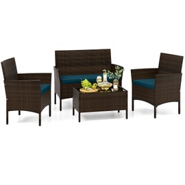 Tangkula 4 Piece Patio Rattan Conversation Set, Outdoor Wicker Furniture Set with Chair, Loveseat & Tempered Glass Table, Cozy Seat Cushions, Outside Sectional Sofa Set for Backyard (1, Peacock Blue)