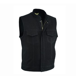 Leatherick Men's Heavy Denim Motorcyclist Vest with Concealed Carry Arms, black