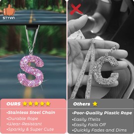 Bling Pink Car Accessories for Women Letter Charm, Rainbow Color Rear View Mirror Cute Crystal Pendant Car Decorations, Lucky Gifts Girly Diamond Rhinestone Charm Interior S