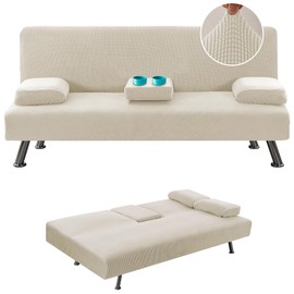 H.VERSAILTEX 4 Pieces Stretch Futon Covers Sofa Bed Slipcover with Removable Armrests and Cupholders Covers Furniture Protector High Spandex Small Checks Jacquard Fabric, Island Fossi