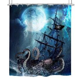 Cinbloo Kids Octopus Beach Shower Curtain 60Wx72H Nautical Kraken Anime Pirate Ship Bathroom Curtain Set Navy Blue Sea Wave Sailboat Gothic Ocean Moon Night Anime Bathroom Decor Fabric with 12 Hooks