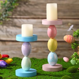 Hushee Set of 2 Easter Candle Holder Easter Decorations Candlestick Holder Spring Home Decor 9.5 Inch Tall Polyresin Candlestick Holders Easter Eggs Candlesticks for Fireplace Easter Party Decor