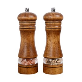 Haomacro Wood Salt and Pepper Grinder Set, Manual Mills with Acrylic Window, Adjustable Ceramic Grinding - 6.5inch, 2 Pack