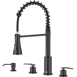 4 Holes Kitchen Faucet Matte Black, Commercial 3 Hole Kitchen Sink Faucet with Soap Dispenser, Modern 2 Handle Stainless Steel Faucet for RV Sink
