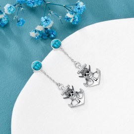 VENACOLY Pirate Earrings 925 Sterling Silver Anchor Skull Tassel Earrings Turquoise Pirate Jewellery Gifts for Women, Sterling Silver, Cubic Zirconia
