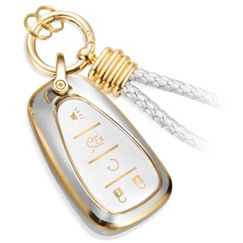 CTRINEWS for Chevy Key Fob Cover with Anti-lost Keychains, Fashionable Matte Metallic Silver Soft Case for Malibu Equinox Blazer Camaro Traverse Sonic Trax(5 Buttons) (Gold, B1)