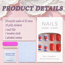 4th of July Press on Nails Short Square Fake Nails Extra False Nails with Heart Star Designs Glossy Glossy Glue on Nails Reusable Artificial Nails Full Cover America Nails for Women Girls Nail 24Pcs