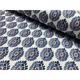 LushFabric Floral Aztec Spanish Geometric Diamond Flower Tile Fabric Cotton Panama Curtain Upholstery Material - 140cm Wide - Blue & Red (1 Metre)