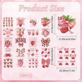EoBeCy 20 Sheets Strawberry Coquette Iron on Transfers for T-Shirts, Pink Bow DTF Transfers Ready to Press Heat Transfers Vinyl, Iron on Patches Decals for Clothing Bag Pillow Covers DIY Crafts