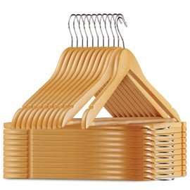 Solid Wood Suit Hangers - 20 Pack - with Non Slip Bar and Precisely Cut Notches - 360 Degree Swivel Chrome Hook - Natural Finish Super Sturdy and Durable Wooden Hangers