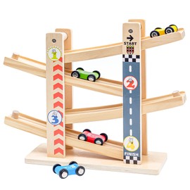 Wooden Car Ramp Toys|Zig Zag Car Slide|Toddler Toys Wooden Race Track with 4 Wooden Cars for 1 2 Year Old Boy Gifts