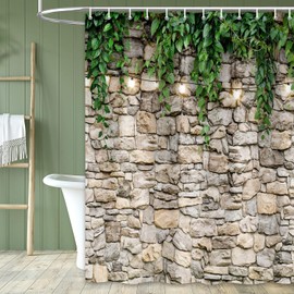 Stone Brick Wall Shower Curtain, Green Leaves Shower Curtain Set for Bathroom, Vintage 3D Vine with Lights Fabric Shower Curtain Restroom Bathtub Decor Accessories with Hooks 72X 72 inch