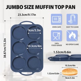 Vnray 4 Inch Jumbo Silicone Muffin Top Pan with Metal Frame, Non Stick Silicone Egg Mold for Oven, Large Whoopie Pie Baking Pan with Handle for English Breakfast Sandwich, Egg Bite, Bun Tart, Grey