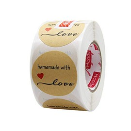 Hcode 500 Natural Kraft Paper Round Homemade with Love Stickers with Red Heart 1.5 Inch Adhesive Label (1 roll, Homemade with Love)
